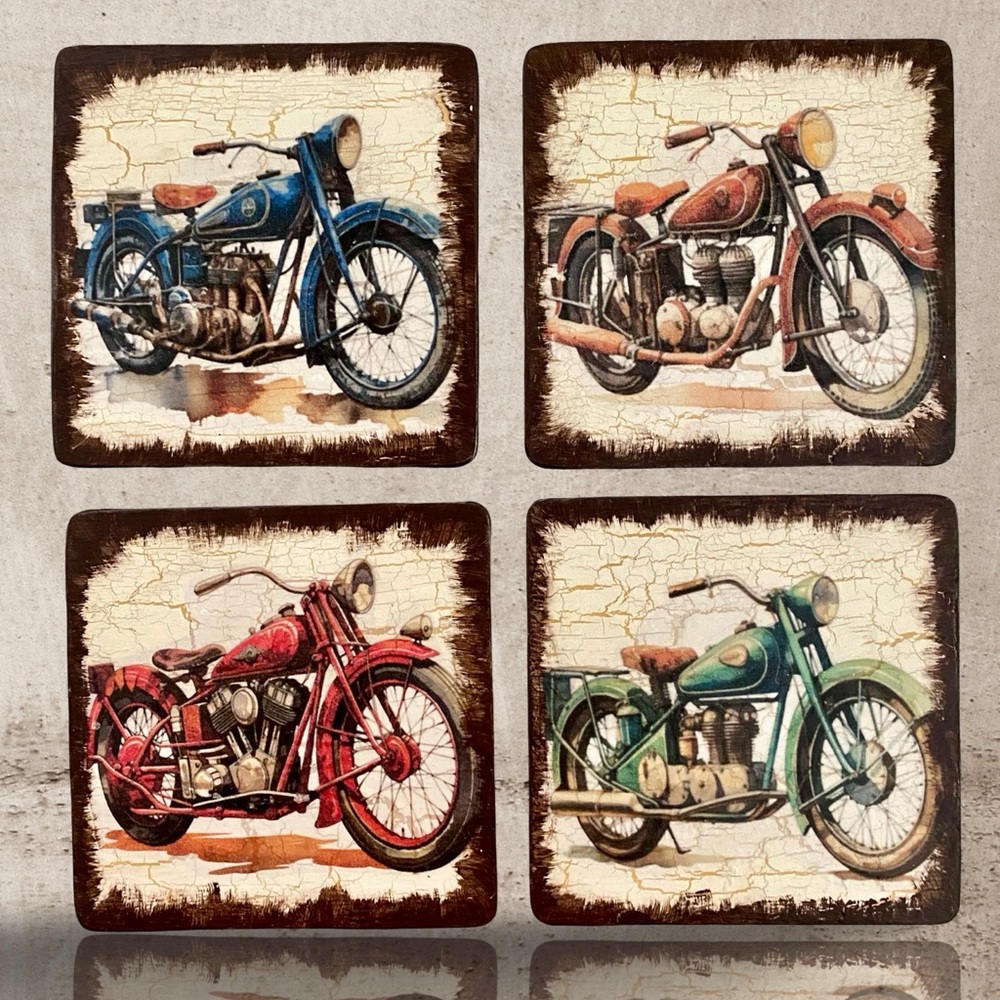 Handmade Distressed Vintage Motorcycle Wood Coasters - Set of 4